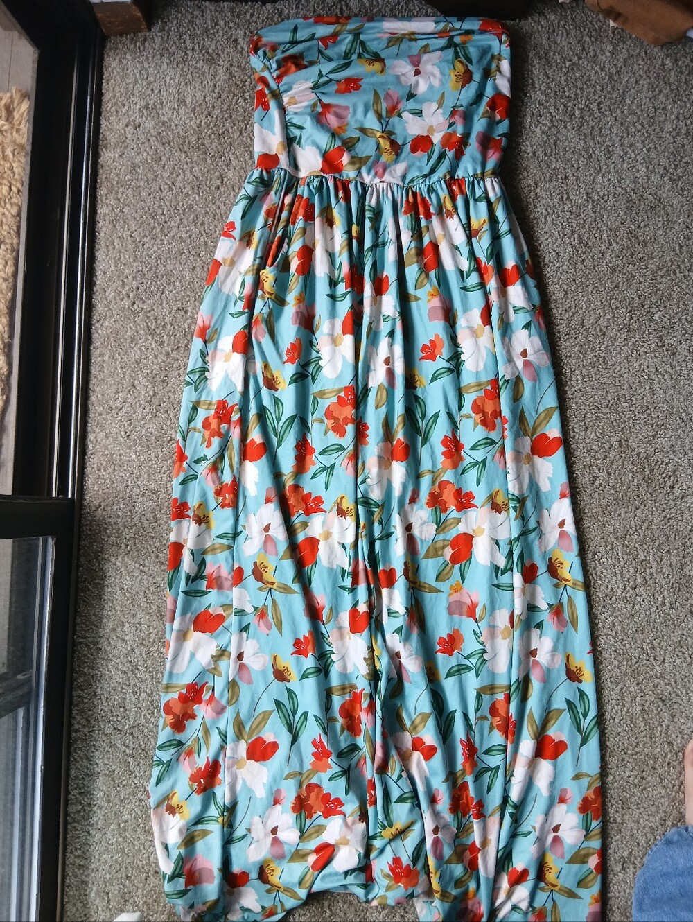 Strapless Floral Maxi Dress in Aqua with Red & White Flowers